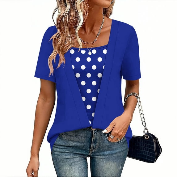 Two-Piece Look T-Shirt for Women Short Sleeve Crewneck Polka Dot Patchwork Faux Cardigan Style Loose Fit Casual Soft Graphic Daily Lightweight Top