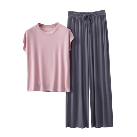 Two Piece Lounge Outfits For Women Crew Neck Short Sleeve Tops Drawstring Pants Comfy Loose Home Wear (M, Pink)