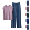 thumbnail image 1 of Two Piece Lounge Outfits For Women Crew Neck Short Sleeve Tops Drawstring Pants Comfy Loose Home Wear (XL, Purple), 1 of 5