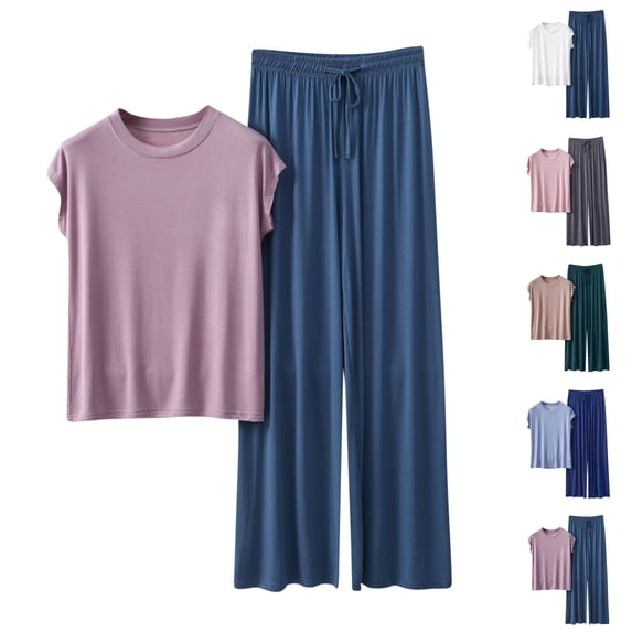 Two Piece Lounge Outfits For Women Crew Neck Short Sleeve Tops Drawstring Pants Comfy Loose Home Wear (XL, Purple)