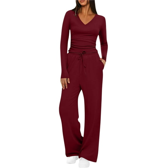 Two Piece Lounge Pants Sets for Women Long Sleeve V Neck Fitted Tops and Wide Leg Drawstring Sweatpants Fall Outfits (L, Red)