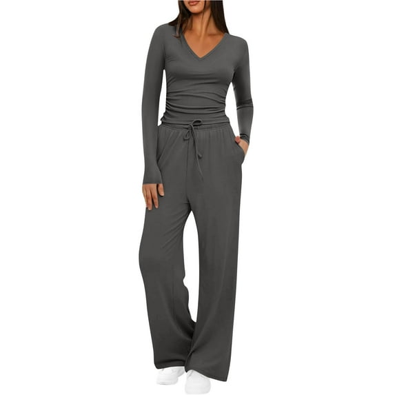 Two Piece Lounge Pants Sets for Women Long Sleeve V Neck Fitted Tops and Wide Leg Drawstring Sweatpants Fall Outfits (M, Dark Gray)