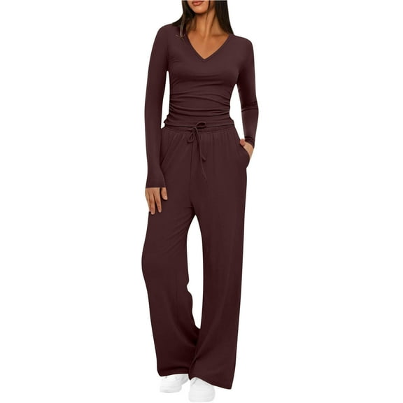 Two Piece Lounge Pants Sets for Women Long Sleeve V Neck Fitted Tops and Wide Leg Drawstring Sweatpants Fall Outfits (XL, Wine)