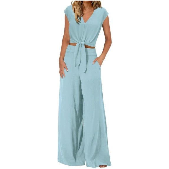 Two Piece Lounge Set Dressy Clothing Sets Lace-Up Crop Top with Wide Leg Pant Casual 2 Piece Outfits