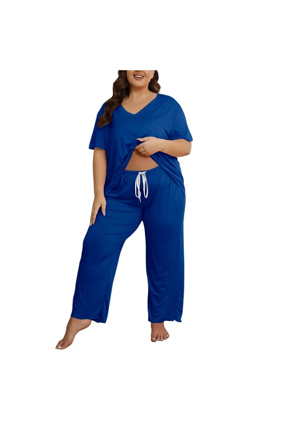 Two Piece Lounge Set Women Plus Size Pajama Suit V Neck Short Sleeve Tees Drawstring Pants Comfy Loose Home Wear (3XL, Blue)