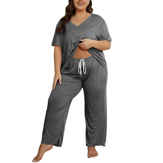 Two Piece Lounge Set Women Plus Size Pajama Suit V Neck Short Sleeve Tees Drawstring Pants Comfy Loose Home Wear (5XL, Gray)