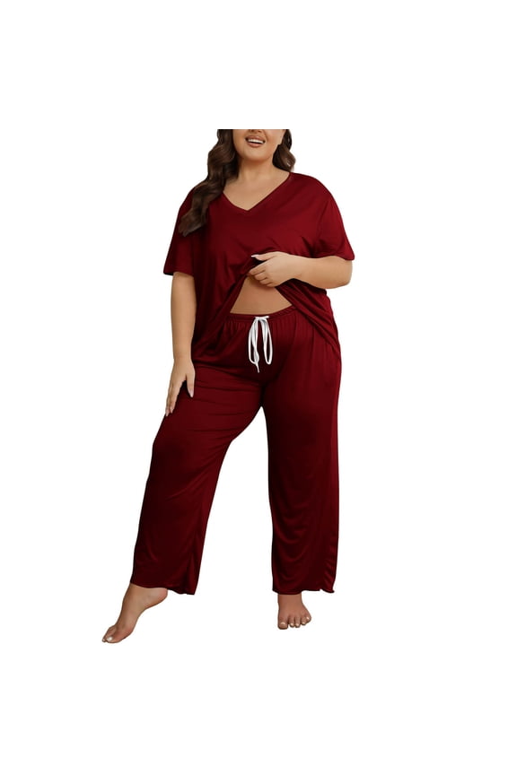 Two Piece Lounge Set Women Plus Size Pajama Suit V Neck Short Sleeve Tees Drawstring Pants Comfy Loose Home Wear (XXL, Wine)