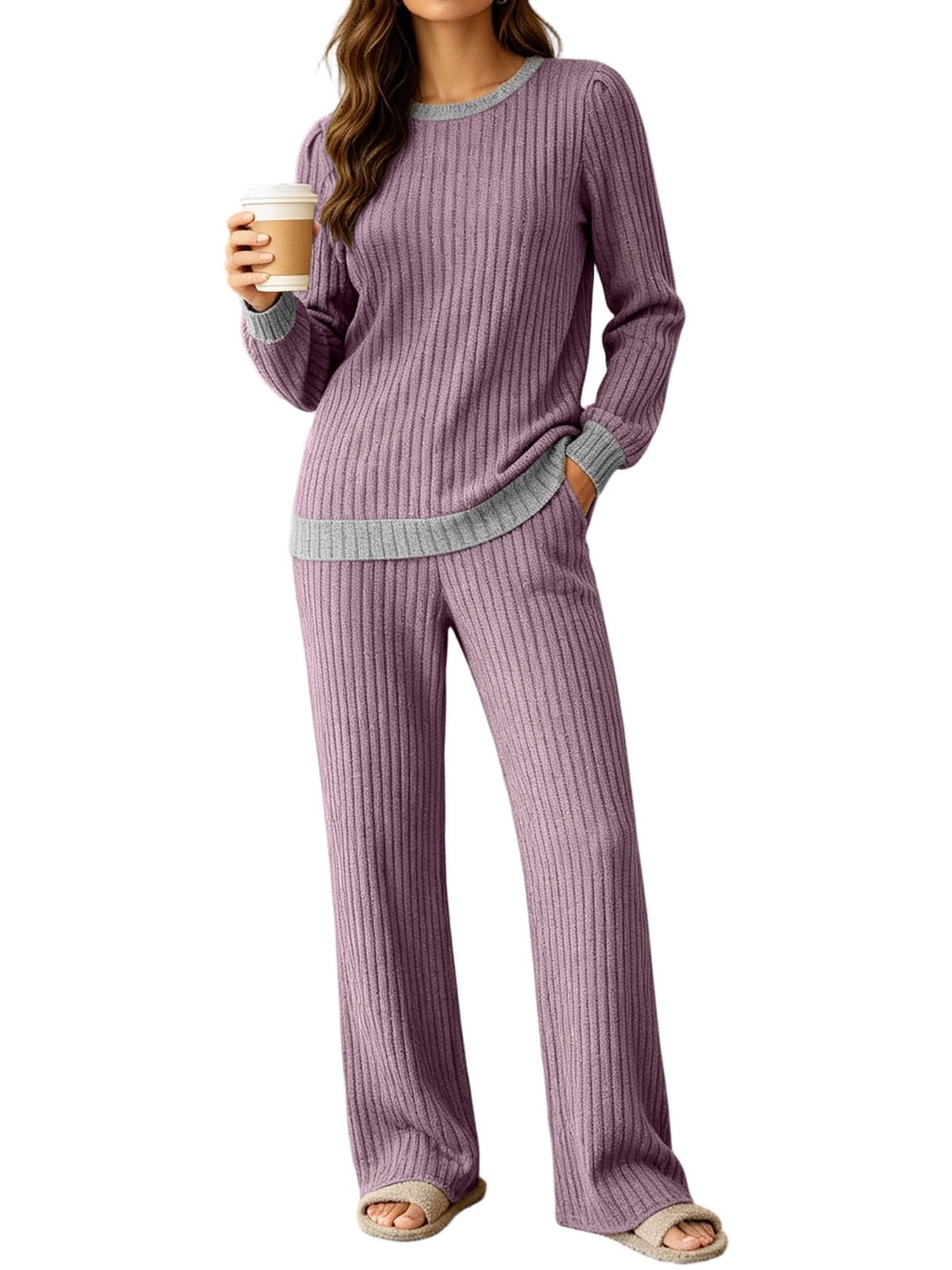 Knit Ribbed Purple Top Two Piece Lounge Set for Women Baeitkot Ribbed Knit Contrast Trim Long ...
