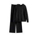 thumbnail image 1 of Two Piece Lounge Set for Women Casual Knit Sweatsuits Pullover Sweater Wide Leg Pants V-Neck Solid Color Loungewear (Black Free Size), 1 of 3