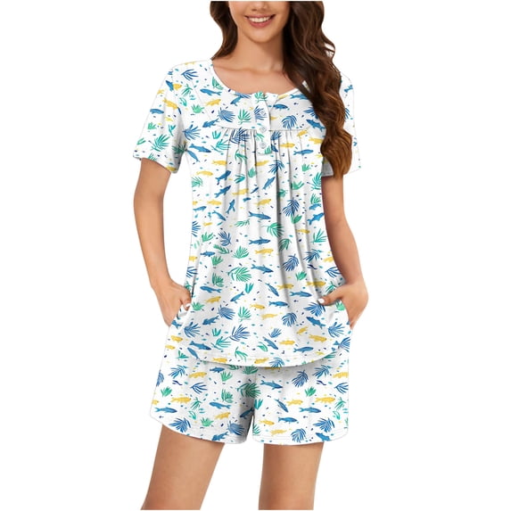 Two Piece Lounge Set for Women Casual Print Summer Short Sleeve Tops and Short Pants Home Clothes