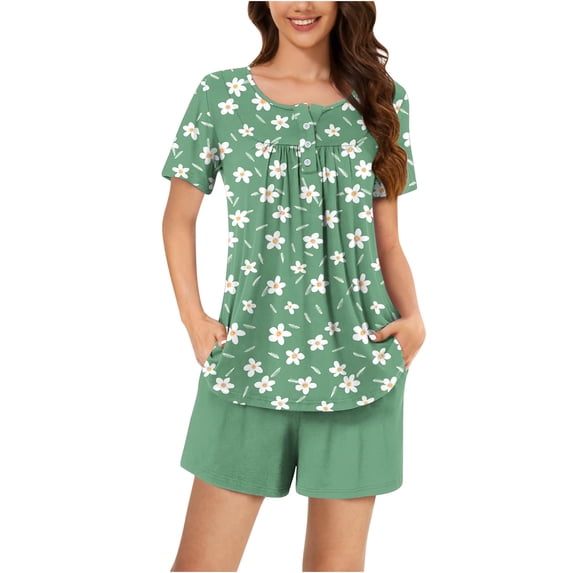 Two Piece Lounge Set for Women Casual Print Summer Short Sleeve Tops and Short Pants Home Clothes