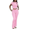 thumbnail image 1 of Two Piece Lounge Set for Women Casual Shoulder Solid Color Pocket Loose Exercise Straight Short Sleeved High Waisted Pants Sports Set, 1 of 7