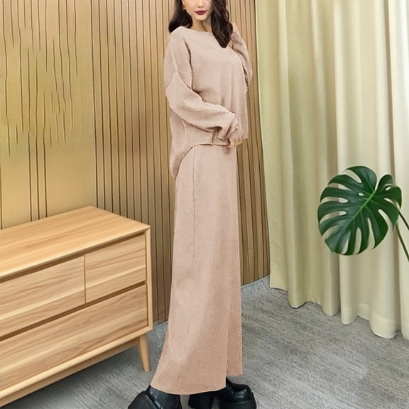 Two Piece Lounge Set for Women Solid Long Sleeve Crewneck Shirt Long Shirt Knitted Outfits Beige Free Size