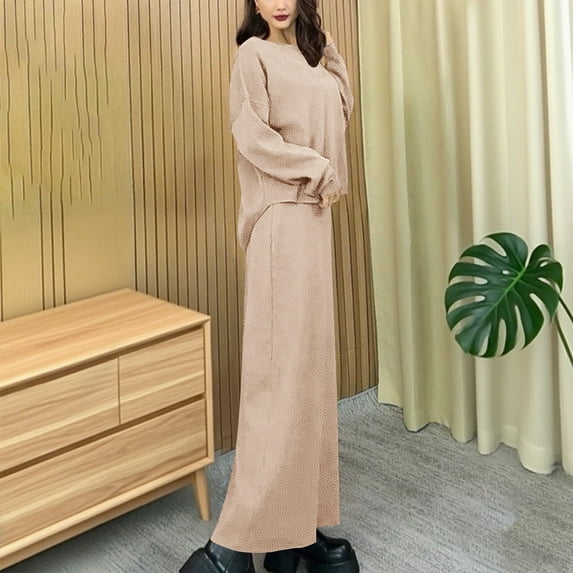 Two Piece Lounge Set for Women Solid Long Sleeve Crewneck Shirt Long Shirt Knitted Outfits Beige Free Size