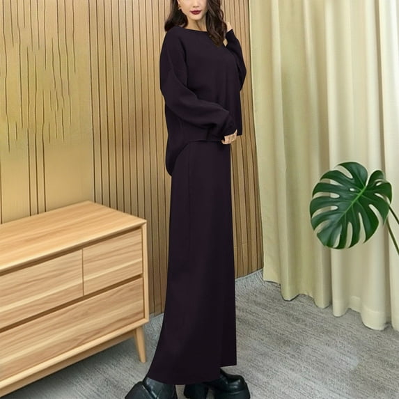 Two Piece Lounge Set for Women Solid Long Sleeve Crewneck Shirt Long Shirt Knitted Outfits Black Free Size