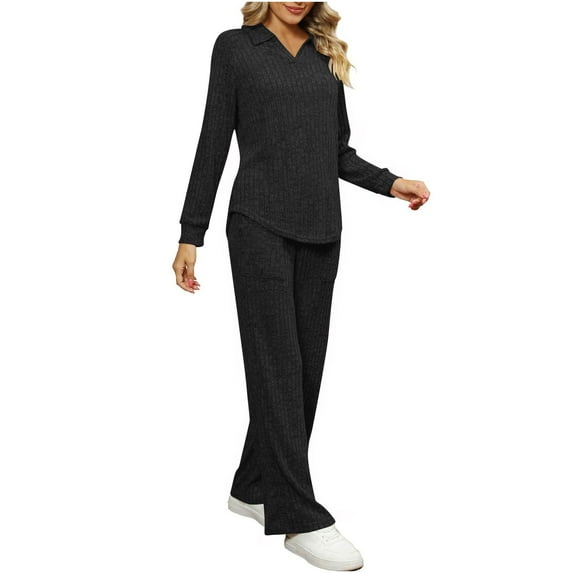 Two Piece Lounge Set for Women V-Neck Long Sleeve Ribbed Knit Top and Straight Leg Pants Outfits Solid Color Loungewea (Black L)