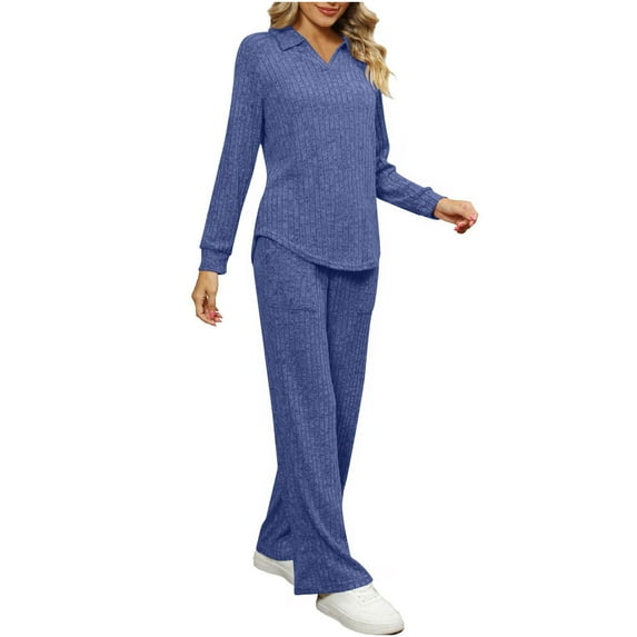 Two Piece Lounge Set for Women V-Neck Long Sleeve Ribbed Knit Top and Straight Leg Pants Outfits Solid Color Loungewea (Blue L)