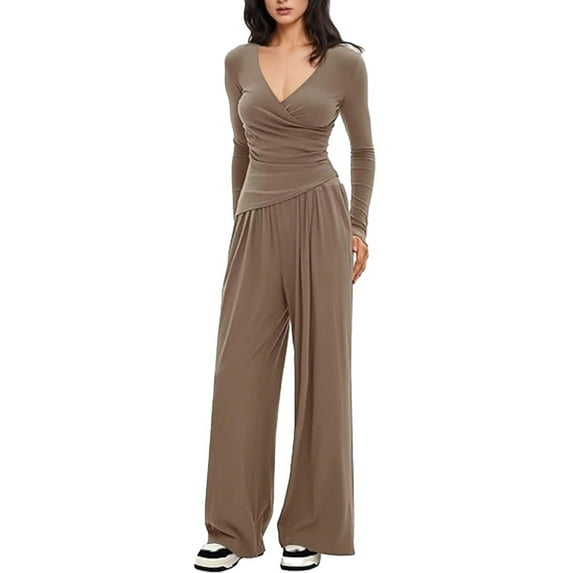 Two Piece Lounge Set for Women V Neck Pullover Tops and Wide Leg Long Pants Solid Color Casual Vacation Travel Matching Sets Women Clothing
