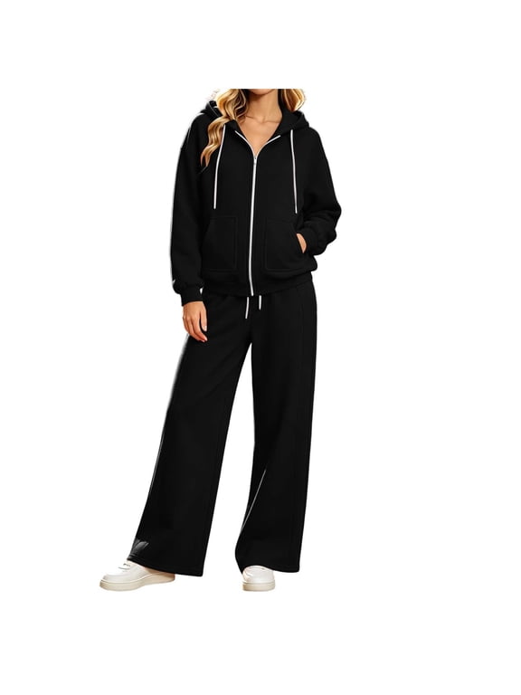 Two Piece Lounge Sets for Women Sweatsuits Long Sleeve Hooded Sweatshirt and Wide Leg Pants Elastic Waist Homewear 2 Piece Outfits Casual Tracksuit with Pockets