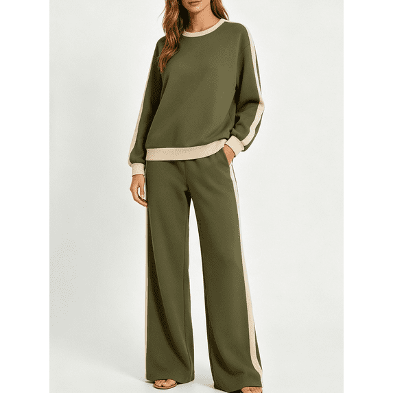 Two Piece Lounge Sets for Women Color Block Long Sleeve Crewneck Sweatshirt Wide Leg Sweatpants Trendy Vacation Travel Airport Outfits