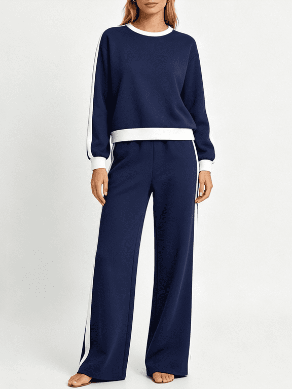Two Piece Lounge Sets for Women Color Block Long Sleeve Crewneck Sweatshirt Wide Leg Sweatpants Trendy Vacation Travel Airport Outfits