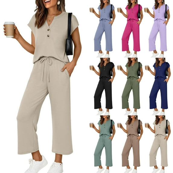 Two Piece Lounge Sets for Women Henley Cap Sleeve V Neck Tops Spring Vacation Beach Travel Airport Outfits Casual Fashion 2026 Green M