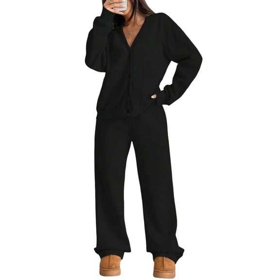 Two Piece Lounge Sets for Women Oversized Button Up Cardigan Wide Leg Pants Matching Loungewear Y2K Clothes Black L
