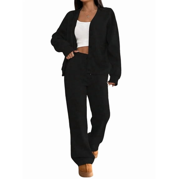 Two Piece Lounge Sets for Women Oversized Button Up Cardigan Wide Leg Pants Matching Loungewear Y2K Clothes Black S