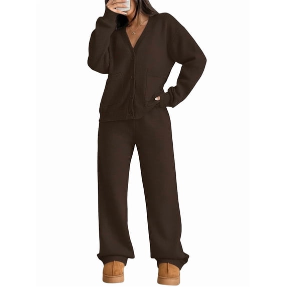 Two Piece Lounge Sets for Women Oversized Button Up Cardigan Wide Leg Pants Matching Loungewear Y2K Clothes Brown XXL