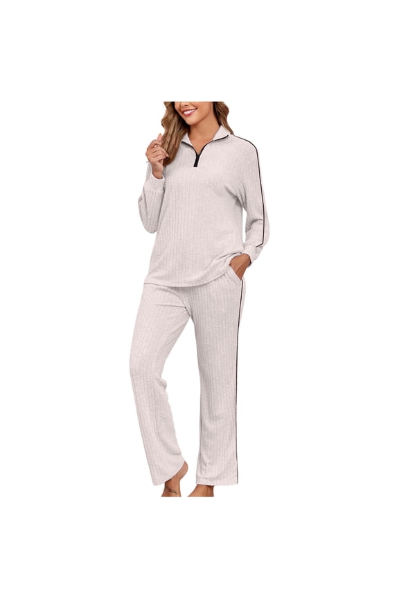 Two Piece Lounge Sets for Women Ribbed Knit Lapel Zip V Neck Long Sleeve Oversize Sweatshirt Straight Pants Tracksuit Outfits