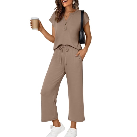 Two Piece Lounge Sets for Women Spring Vacation Beach Travel Airport Outfits Casual Cruise Fashion 2026 Khaki S