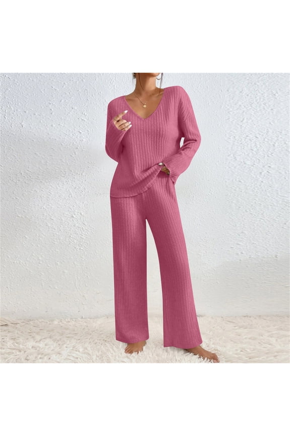 Two Piece Lounger Sets For Women Dressy V Neck Long Sleeve Knit Sweater Wide Leg Pants Sweatsuit Spring Lounge Wear