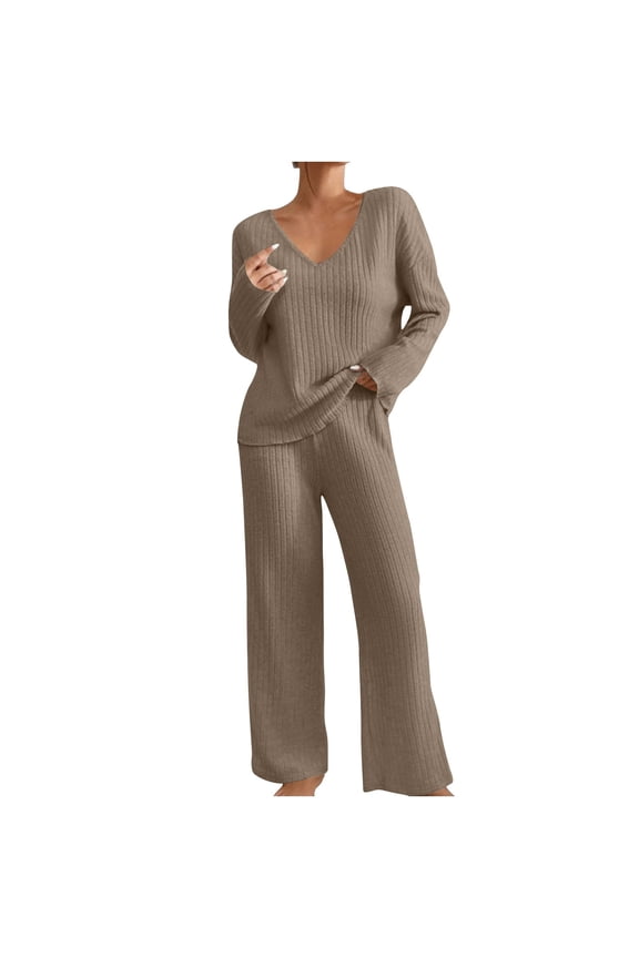 Two Piece Lounger Sets Women V Neck Long Sleeve Knit Sweater Wide Leg Pants Sweatsuit Spring Lounge Wear