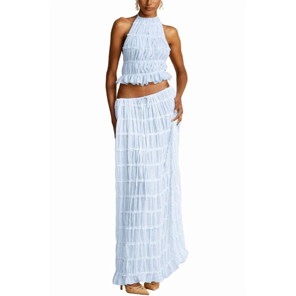 Two Piece Maxi Skirt Sets for Women Summer Backless Halter Beach Top Long Going Out Set 2 Outfits S