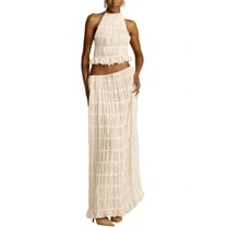 Two Piece Maxi Skirt Sets for Women Summer Backless Halter Beach Top Long Going Out Set 2 Outfits White M