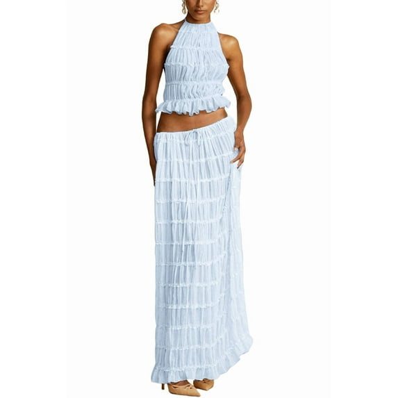 Two Piece Maxi Skirt Sets for Women Summer Backless Halter Beach Top Long Skirt Going Out Set Blue XXL