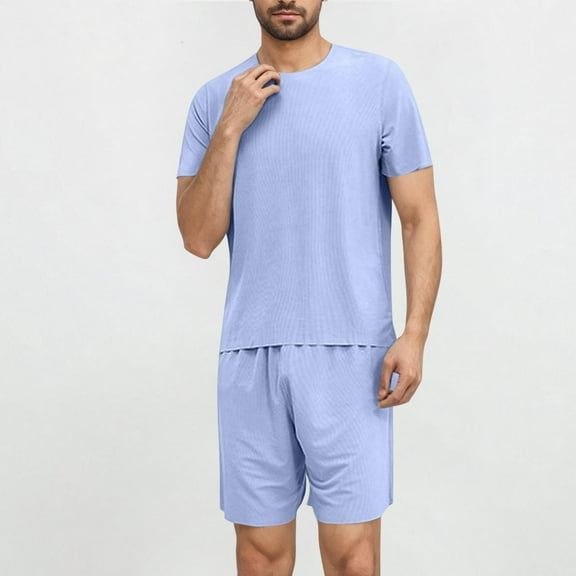 Two Piece Mens Pajama Sets Lightweight Short Sleeve T-Shirts and Shorts Outfits Casual Solid Color Cooling Loungewear Set Summer