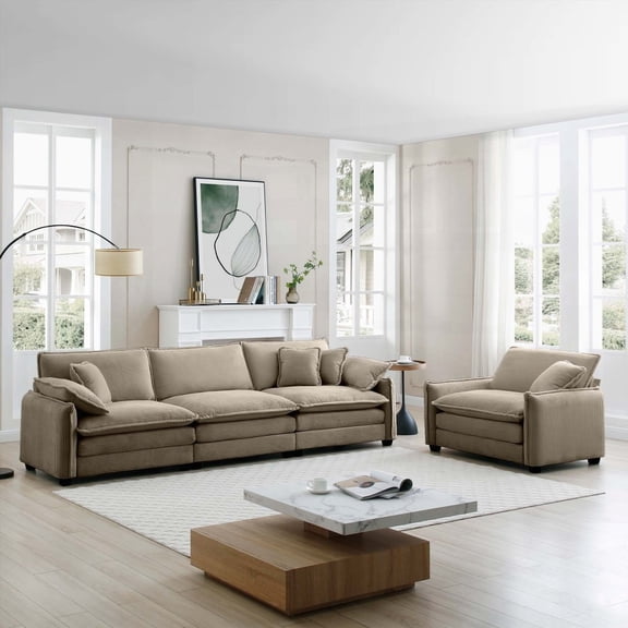 Two-Piece Mid-Century Modern Sofa: Tan Corduroy, Living Room Furniture with Flexible Combinations