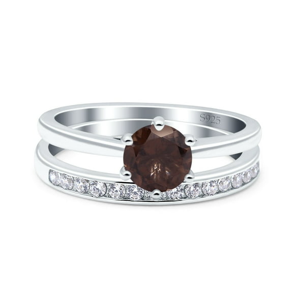 Two Piece Natural Chocolate Smoky Quartz Wedding Ring 925 Sterling Silver Size 5