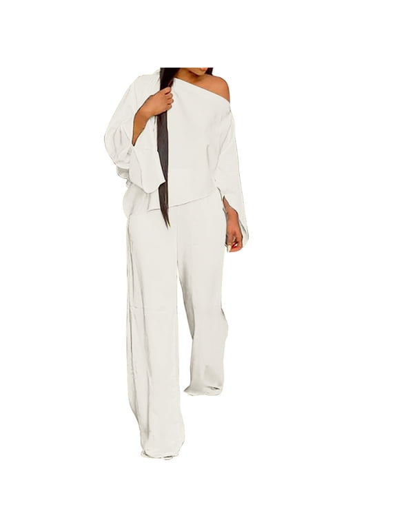 Two Piece Off the Shoulder Set for Women Long Sleeve Boat Neck Top Wide Leg Pants Fashion Casual Loose Concert Outfits, White, L