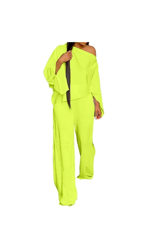 Two Piece Off the Shoulder Set for Women Long Sleeve Boat Neck Top Wide Leg Pants Fashion Casual Loose Concert Outfits, Yellow, L