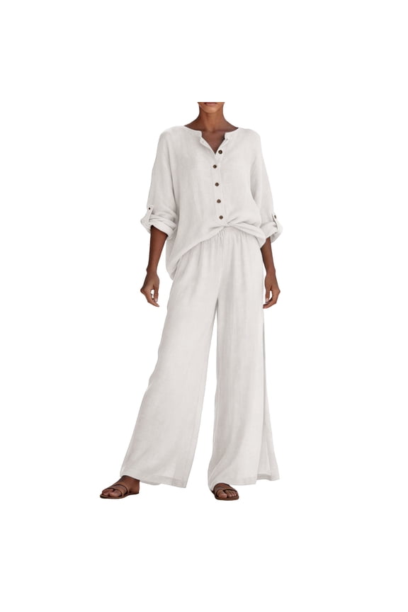 Two Piece Outfit Sets for Women 100% Cotton Long Sleeve Top with Rolled Cuffs and Elastic Waist Wide Leg Pants