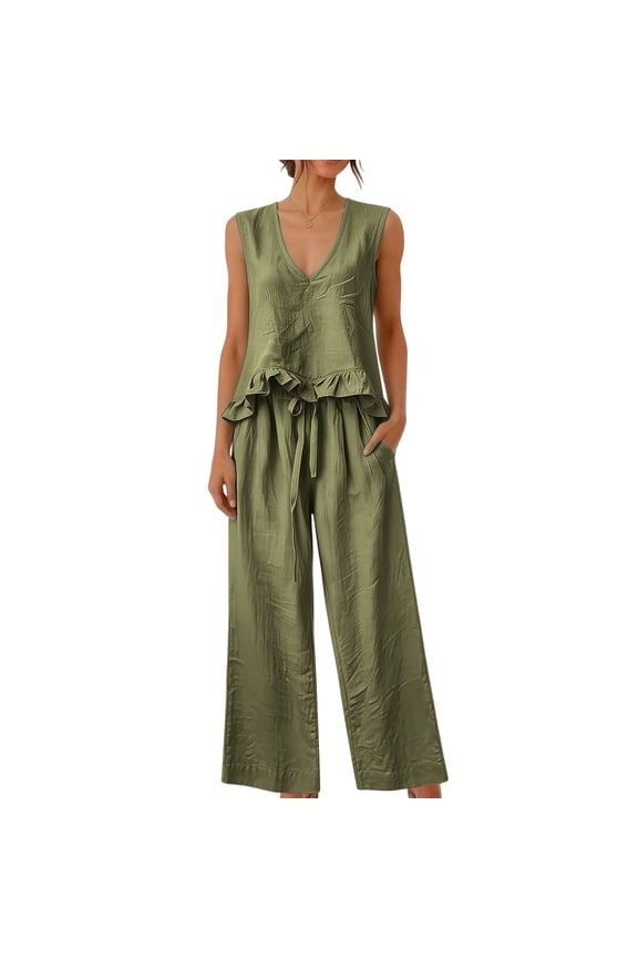 Two Piece Outfit Sets for Women 100%Cotton Ruffled Tank Top and Flowy Palazzo Trousers