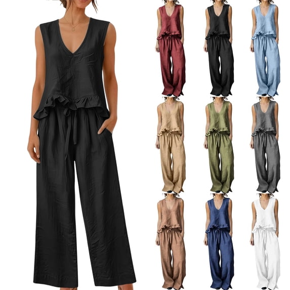 Two Piece Outfit Sets for Women 100%Cotton Ruffled Tank Top and Flowy Palazzo Trousers
