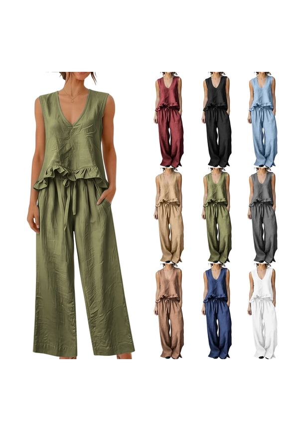 Two Piece Outfit Sets for Women 100%Cotton Ruffled Tank Top and Flowy Palazzo Trousers