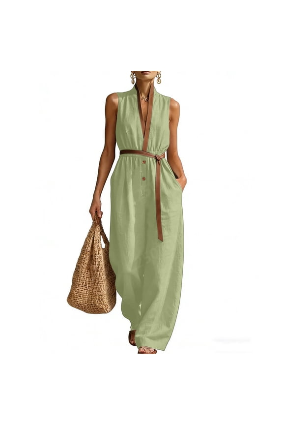 Two Piece Outfit Sets for Women 100% Cotton Sleeveless Jumpsuit with Deep V-Neck, Belted Waist and Pockets