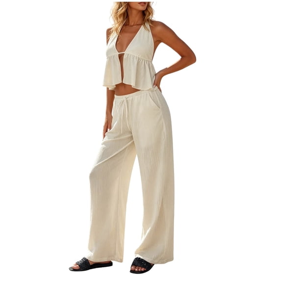 Two Piece Outfit Sets for Women Dressy Casual Plus Size Summer 2026 Casual Solid Color V Neck SleevelessTank Top Straight Leg Pants Set