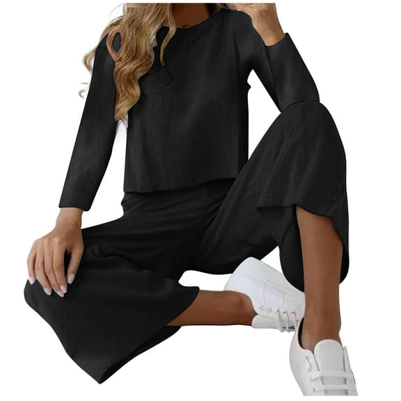 Two Piece Outfit Women 2 Piece Sets for Women Summer Clothing Set Female Round Neck Sleeveless Tops Pants Sets Full Pant Style S_974 Women's Tracksuits Black L