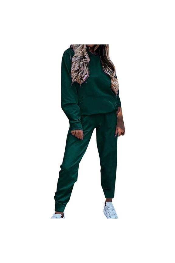 Two Piece Outfit Women Ladies Hoodies Plain Tracksuit Set with Pockets Long Sleeve Casual Loose Hooded Sweatshirt Lounge Wear Solid Color Jumper Joggers Pajamas Home Wear Gym Sets
