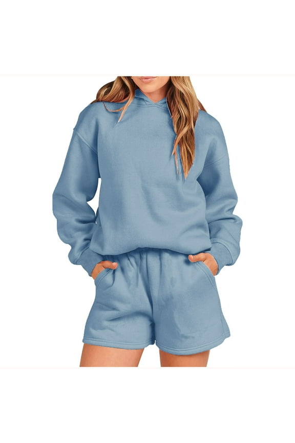 Two Piece Outfit Women Oversized Hoodie Sweatshirt Shorts Lounge Sweat Set Sweatsuit Tracksuit Trendy Casual Sportswear (M, Light Blue)